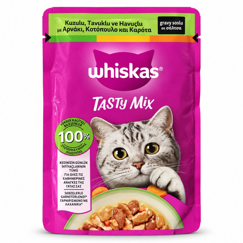 پوچ گربه بالغ ویسکاس مدل Tasty Mix طعم مرغ، بره و هویج وزن 85 گرم